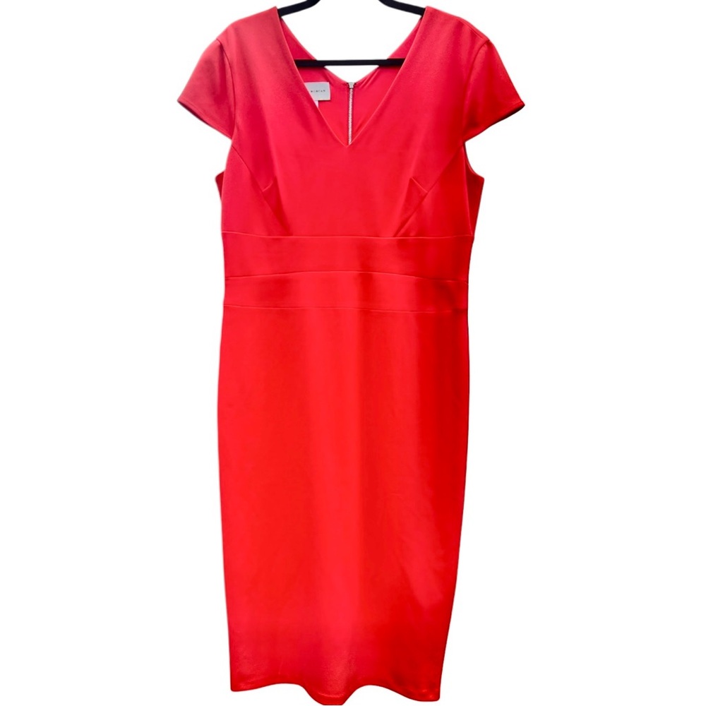 Donna Morgan Midi Sheath Cap Sleeved Dress with Back Zipper, Orange V-neck Sz 14